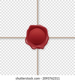 Vector 3d Realistic Vintage Letter Stamp, Wax Seal, Rope, Cross String. Sealing Wax, Stamps, Label for Quality Certificate, Envelope, Document. Imprint, Insignia, Tag. Guarantee, Secret Sign, Label