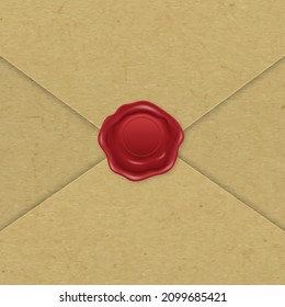 Vector 3d Realistic Vintage Letter Stamp, Wax Seal on Brown Textured Paper Envelope. Sealing Wax, Stamp, Label for Quality Certificate, Document. Imprint, Insignia, Tag. Guarantee, Secret Sign, Label