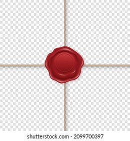 Vector 3d Realistic Vintage Letter Stamp, Wax Seal, Rope, Cross String. Sealing Wax, Stamps, Label for Quality Certificate, Envelope, Document. Imprint, Insignia, Tag. Guarantee, Secret Sign, Label