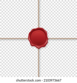 Vector 3d Realistic Vintage Letter Stamp, Wax Seal, Rope, Cross String. Sealing Wax, Stamps, Label for Quality Certificate, Envelope, Document. Imprint, Insignia, Tag. Guarantee, Secret Sign