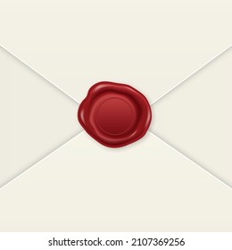Vector 3d Realistic Vintage Letter Stamp, Wax Seal on White Envelope. Certificate, Document. Imprint, Insignia, Tag. Guarantee, Secret Sign, Label and Envelope Closeup, Top View