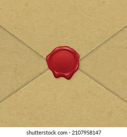 Vector 3d Realistic Vintage Letter Stamp, Wax Seal on Brown Textured Paper Envelope. Sealing Wax, Stamp, Label for Quality Certificate, Document. Imprint, Insignia, Tag. Guarantee, Secret Sign, Label