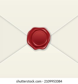 Vector 3d Realistic Vintage Letter Stamp, Wax Seal on White Envelope. Certificate, Document. Imprint, Insignia, Tag. Guarantee, Secret Sign, Label and Envelope Closeup, Top View