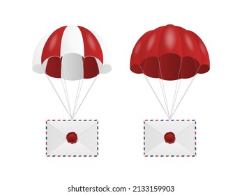 Sello vectorial 3d de letra vintage realista, sello de cera sobre sobre sobre blanco con conjunto de paracaídas rojo. Certificado, Documento. Imprint, Insignia, Etiqueta. Garantía, Signo secreto, etiqueta, sobre, cierre de paracaídas