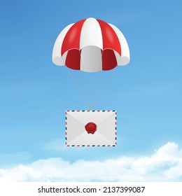 Vector 3d Realistic Vintage Letter Stamp, White Envelope with Wax Seal, Red Parachute in Blue Sky Background. Certificate, Document. Imprint, Insignia. Guarantee, Secret Sign, Label, Red Seal