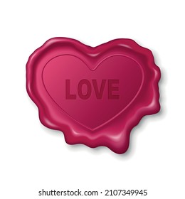 Vector 3d Realistic Vintage Pink Stamp, Wax Seal Heart-shaped Isolated. Sealing Wax, Stamp, Label for Quality Certificate, Document, Letter, Envelope. Valentine Day, Love Concept