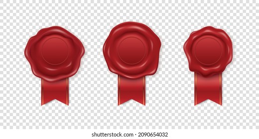 Vector 3d Realistic Vintage Red Stamp, Wax Seal Set Isolated. Sealing Wax, Stamps, Labels for Quality Certificate, Document, Letter, Envelop. Imprint, Wax Insignia, Tag. Guarantee, Secret Sign, Label