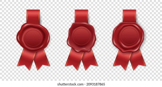 Vector 3d Realistic Vintage Red Stamp, Wax Seal Set Isolated. Sealing Wax, Stamps, Labels for Quality Certificate, Document, Letter, Envelop. Imprint, Wax Insignia, Tag. Guarantee, Secret Sign, Label