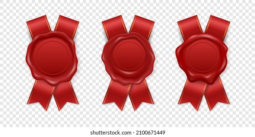 Vector 3d Realistic Vintage Red Stamp, Wax Seal Set einzeln. Abdichtungswache, Briefmarken, Etiketten für Qualitätszertifikate, Dokument, Brief, Umschließung. Impressum, Wax Insignien, Tag. Garantie, geheimes Zeichen, Kennzeichnung