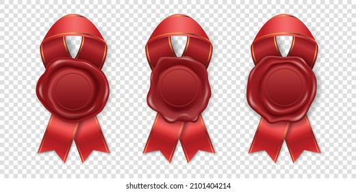 Vector 3d Realistic Vintage Red Stamp, Wax Seal Set Isolated. Sealing Wax, Stamps, Labels for Quality Certificate, Document, Letter, Envelop. Imprint, Wax Insignia, Tag. Guarantee, Secret Sign, Label