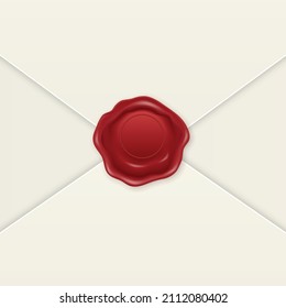 Vector 3d Realistic Vintage Red Letter Stamp, Wax Seal on White Envelope. Certificate, Document. Imprint, Insignia, Tag. Guarantee, Secret Sign, Label and Envelope Closeup, Top View