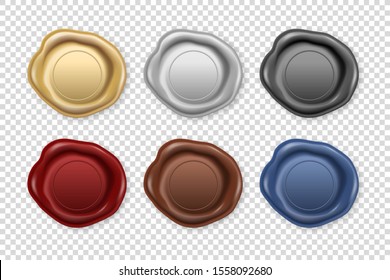 Vector 3d Realistic Vintage Retro Stamp Wax Seal Icon Set Closeup Isolated on Transparent Background. Design Template of Sealing Wax or Stamps, Labels for Certificate, Document, Letter and Envelope