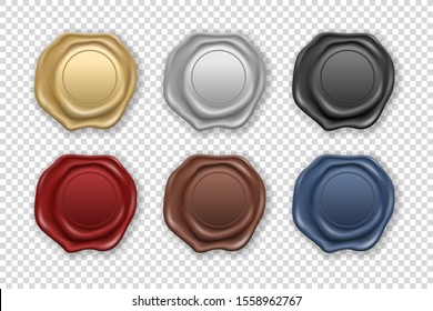 Vector 3d Realistic Vintage Retro Stamp Wax Seal Icon Set Closeup Isolated on Transparent Background. Design Template of Sealing Wax or Stamps, Labels for Certificate, Document, Letter and Envelope