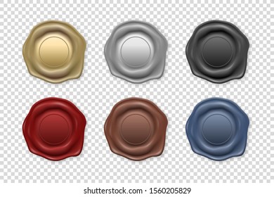 Vector 3d Realistic Vintage Retro Stamp Wax Seal Icon Set Closeup Isolated on Transparent Background. Design Template of Sealing Wax or Stamps, Labels for Certificate, Document, Letter and Envelope