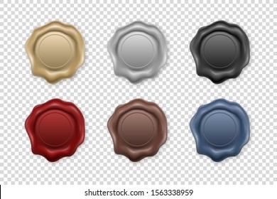 Vector 3d Realistic Vintage Retro Stamp Wax Seal Icon Set Closeup Isolated on Transparent Background. Design Template of Sealing Wax or Stamps, Labels for Certificate, Document, Letter and Envelope