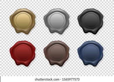 Vector 3d Realistic Vintage Retro Stamp Wax Seal Icon Set Closeup Isolated on Transparent Background. Design Template of Sealing Wax or Stamps, Labels for Certificate, Document, Letter and Envelope