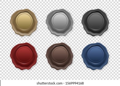 Vector 3d Realistic Vintage Retro Stamp Wax Seal Icon Set Closeup Isolated on Transparent Background. Design Template of Sealing Wax or Stamps, Labels for Certificate, Document, Letter and Envelope