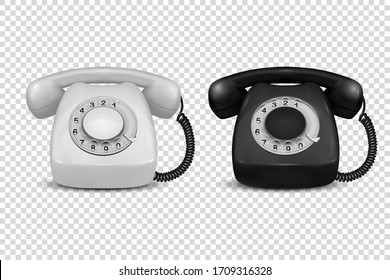 Vector 3d Realistic Vintage Retro Old White and Black Telephone Icon Set Closeup Isolated on Transparent Background. Design Template, Call Center Support Concept. Front View