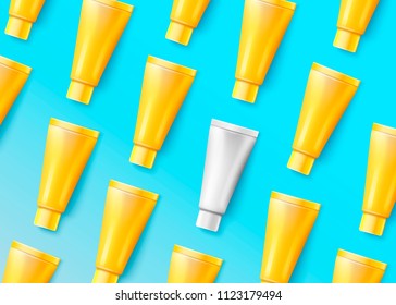 Vector 3d realistic vivid cosmetic tubes on bright modern background. Mock-up for product package branding.