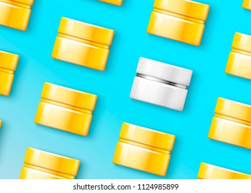 Vector 3d realistic vivid cosmetic jars on bright modern background. Mock-up for product package branding.