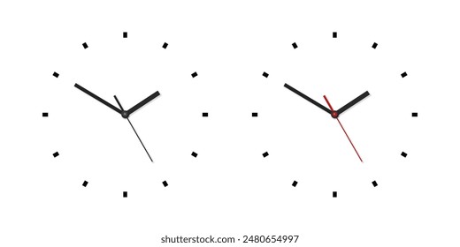 Vector 3d Realistic Wall Office Clock Face Set. White and Black Dial and Clock Hands Closeup Isolated. Design Template. Simple Minimalistic Wall Clocks in Front View