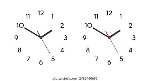 Juego de esfera de reloj de oficina de pared realista de Vector 3d. Esfera blanca y negra y manecillas del reloj en primer plano aislado. Plantilla de diseño. Relojes de pared minimalistas simples en vista frontal