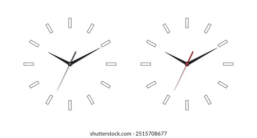 Vector 3d realista pared reloj de oficina conjunto de la cara. Esfera blanca y negra y manecillas del reloj en primer plano aislado. Plantilla de diseño. Relojes de pared minimalistas simples en vista frontal