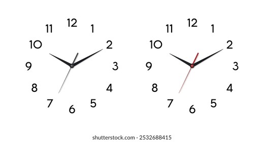 Vector 3d Realistic Wall Office Clock Face Set. White and Black Dial and Clock Hands Closeup Isolated. Design Template. Simple Minimalistic Wall Clocks in Front View