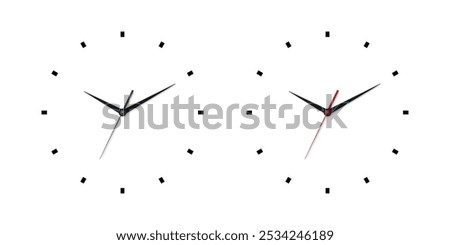 Vector 3d Realistic Wall Office Clock Face Set. White and Black Dial and Clock Hands Closeup Isolated. Design Template. Simple Minimalistic Wall Clocks in Front View