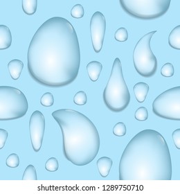 Vector 3d realistic water drops on window glass seamless pattern. Isolated object with shadow on blue background. Clean raindrop mockup texture for design fabric textile print.