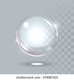Vector 3D realistic water spherical ball. Glassy sparkling shiny droplet bubble isolated on transparent background. Eco concept.
