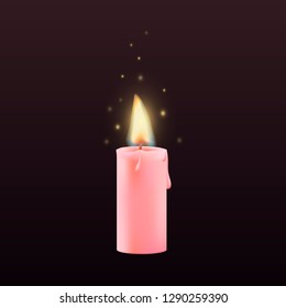 Vector 3d realistic wax pink candle, candle burn isolated dark background. Wax, fire, celebration, candlelight dinner, Christmas candle, religious attribute.