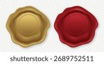 Vector 3d Realistic Wax Seal Icon Set. Red Wax Seal and Gold Wax Seal. Realistic Vintage Stamp for Certificate, Envelope, Letter, Branding, Logo, Document Closure, Invitation, Wedding, Isolated