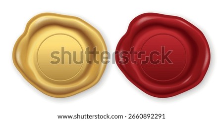 Vector 3d Realistic Wax Seal Set, Isolated. Red, Gold Vintage Wax Stamp. Antique Sealing Wax Emblem. Retro Envelope Closure. Classic Heraldic Insignia. Wax Badge for Invitation, Certificate