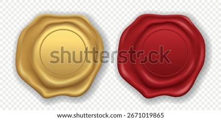 Vector 3d Realistic Wax Seal Set, Isolated. Red, Gold Vintage Wax Stamp. Antique Sealing Wax Emblem. Retro Envelope Closure. Classic Heraldic Insignia. Wax Badge for Invitation, Certificate
