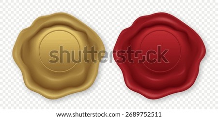 Vector 3d Realistic Wax Seal Icon Set. Red Wax Seal and Gold Wax Seal. Realistic Vintage Stamp for Certificate, Envelope, Letter, Branding, Logo, Document Closure, Invitation, Wedding, Isolated