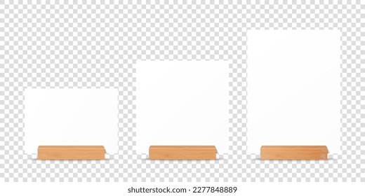 Vector 3d Realistic White A4, A5 Vertical, Horizontal and Square Blank Paper Sheet, Card on Wooden Holder, Stand. Design Template for Mockup, Menu Frame, Booklets. Acrylic Tent Card. Front View