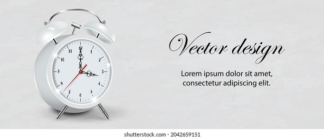 Reloj de alarma blanco realista en el vector 3d. Plantilla de diseño, banner con reloj despertador con dial negro. Trampa para marca