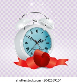 Vector 3d realistic white alarm clock in sparkles with red ribbon. Design template, banner with alarm clock with black dial on blue background. Mockup for branding