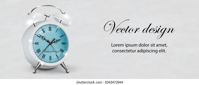 Reloj de alarma blanco realista en 3d con fondo azul. Plantilla de diseño, banner con reloj despertador con dial negro. Trampa para marca