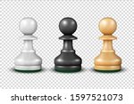 Vector 3d Realistic White, Black and Wooden Pawn Icon Set Isolated on Transparent Background. Design Template. Game Concept. Chess, Chessmen. Stock Illustration