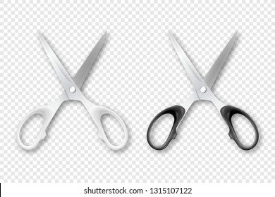 Vector 3d Realistic White and Black Metal Opened Stationery Scissors with Plastic Handles Icon Set Closeup Isolated. Design Template of Classic Scissors for Graphics, Mockup. Top View