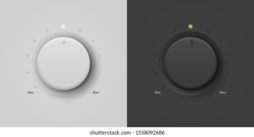 Vektorillustration 3d Realistisches Knotensystem aus Weiß und Schwarz. Vorlage für den Circle Button Nahaufnahme entwerfen. Die zirkuläre Verarbeitung, Stromwiedergabe-Regelung, Mininmum, Maximal. Stockillustration der Vektorillustration