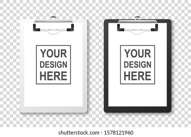 Vector 3d Realistic White and Black Clipboard with Folded Blank Paper and Metal Clip Icon Set Closeup Isolated on Transparent Background. Design Template for Notes, Checklist, Questionnaire, Reminders