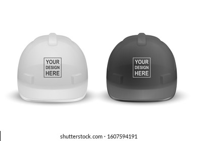 Vector 3d Realistic White And Black Plastic Safety Helmet Icon Set Closeup Isolated On White Background. Head Protect, Construction, Repair. Design Template, Mockup. Stock Illustration