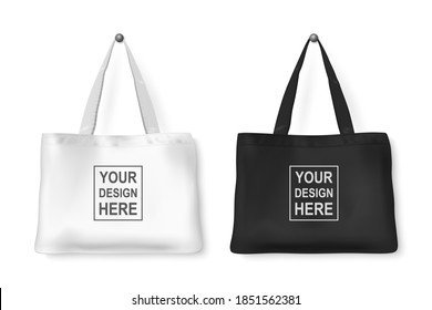 Vector 3d Realistic White, Black Detailed Textile Tote Shopping Bag Set Hanging on White Wall Background, Isolated. Design template for Mockups, Logo Design, Packaging. Ecology Concept. Front View