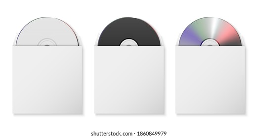 Vector 3d Realistic White, Black and Multicolor CD, DVD in Opened Paper, Plastic Case, Package, Envelope Set Closeup Isolated on White Background. Design Template for Mockup, Copy Space. Top View