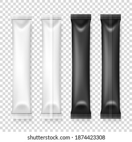 Vector 3d Realistic White and Black Long Slim Blank Packaging Set Isolated. Drugs, Coffee, Salt, Sugar, Pepper, Spices, Sachet, Candy Wrapper. Design Template of Packing for Mockup. Top View