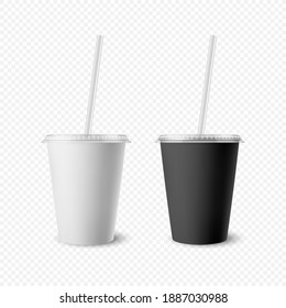 Vector 3d Realistic White, Black Paper Disposable Cup Set with Lid, Straw for Beverage, Drinks Isolated. Coffee, Soda, Tea, Cocktail, Milkshake. Design Template of Packaging for Mockup. Front View