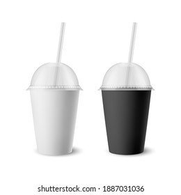 Vector 3d Realistic White, Black Paper Disposable Cup Set with Lid, Straw for Beverage, Drinks Isolated. Coffee, Soda, Tea, Cocktail, Milkshake. Design Template of Packaging for Mockup. Front View